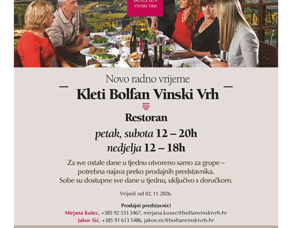Radno vrijeme restorana kleti Bolfan Vinski Vrh